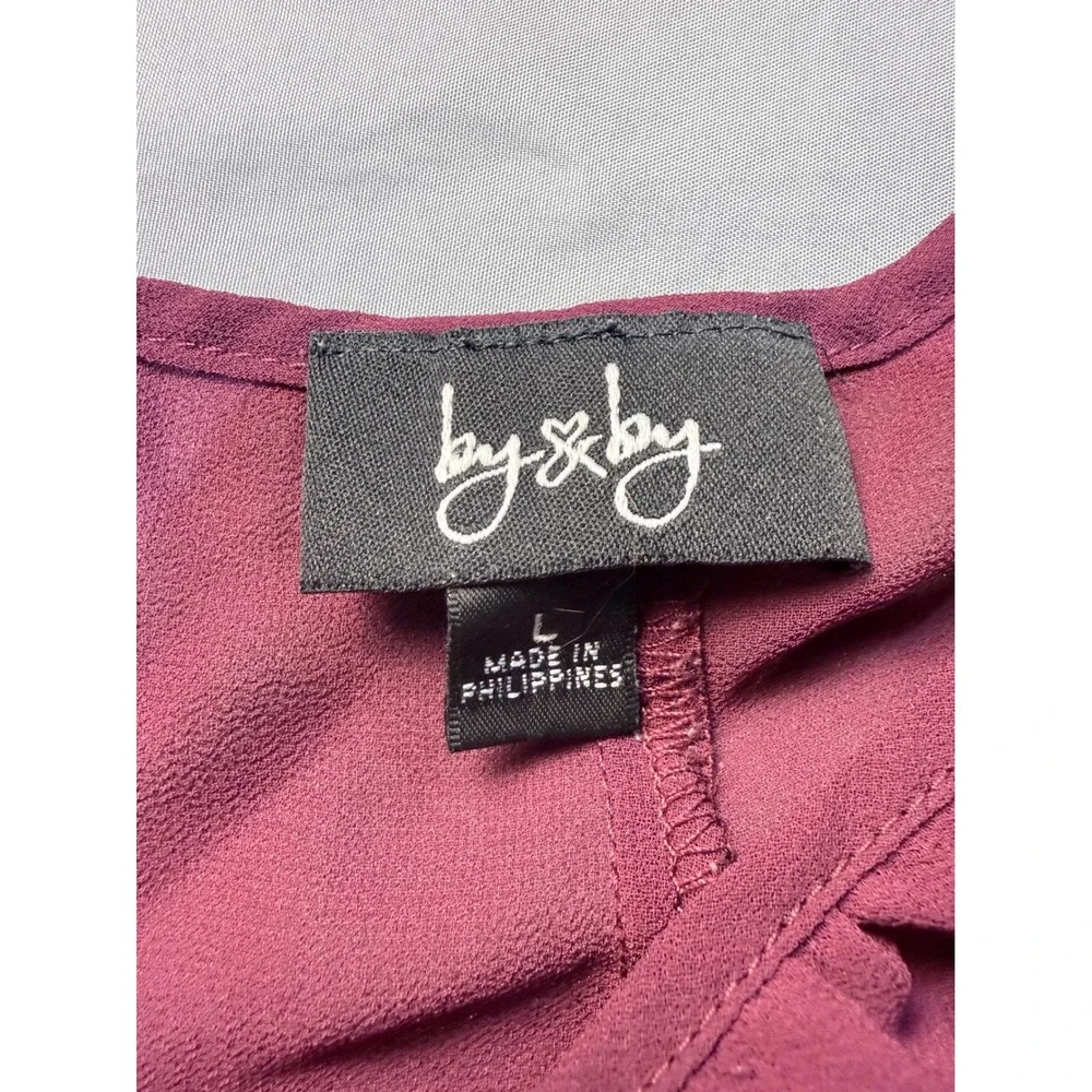 By & By Womens Smocked Waist Chiffon Blouse Split Flutter Sleeve Burgundy Large - Picture 2 of 5